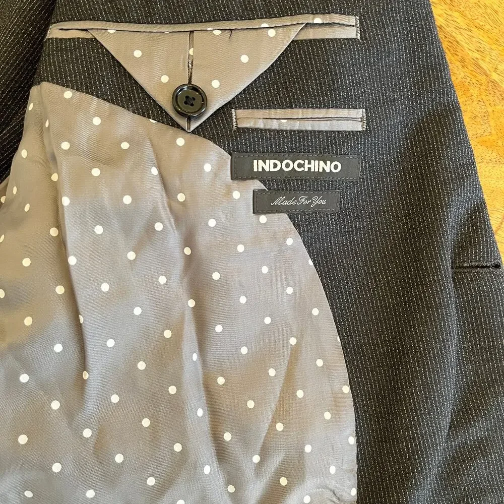 Indochino Mens Blazer‎ Bespoke 43L Wool Stretch Charcoal Pinstripe Surgeon Cuffs